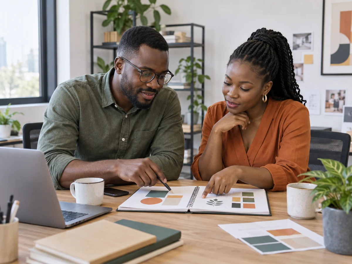 Illustrative scene of two professionals discussing business ideas at a desk