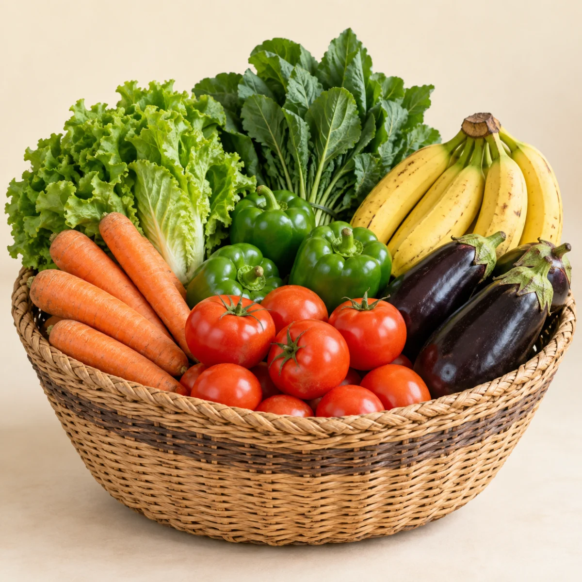 Illustrative family basket of fresh fruit and vegetables