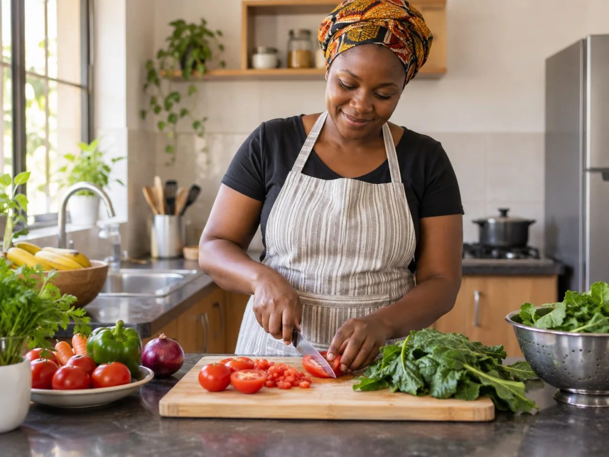Illustrative scene of fresh vegetable preparation in a home kitchen