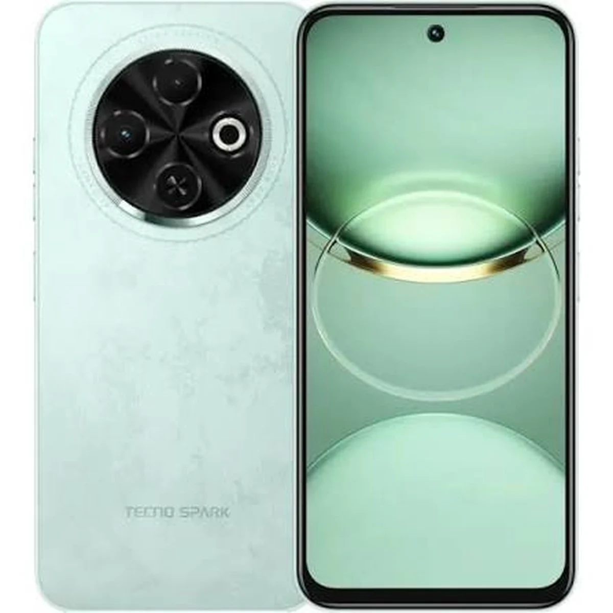 Mint Tecno Spark phone shown from the front and back