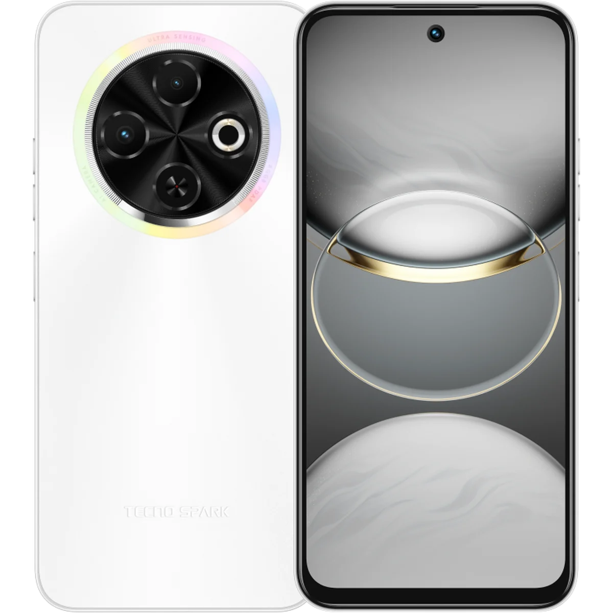 White Tecno Spark phone shown from the front and back